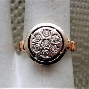 Vintage Russian Style 14K 585 Rose Pink White Gold Genuine Diamond Cluster RING